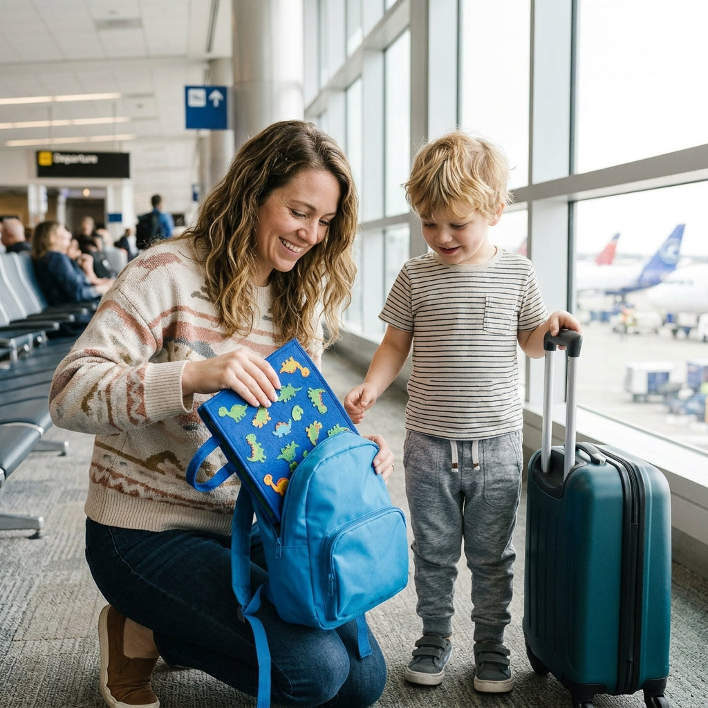 Mom packing the folded blue dinosaur busy board into her son's backpack at the airport gate