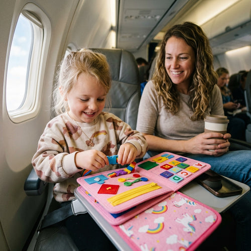Girl, 4, playing with the pink unicorn Calm & Go Busy Board on an airplane tray while her mom relaxes with coffee