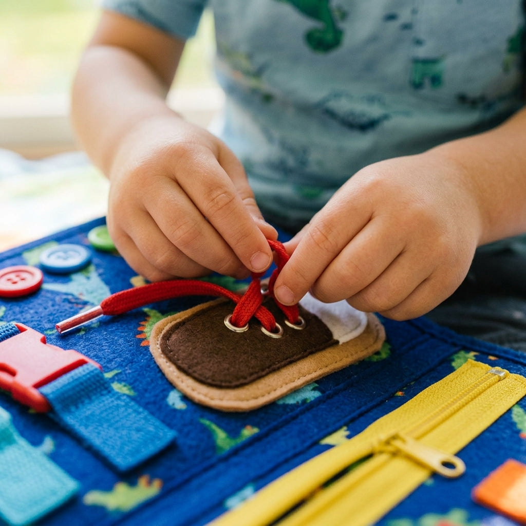 Close-up of a child's hands threading a red lace on the busy board's felt shoe