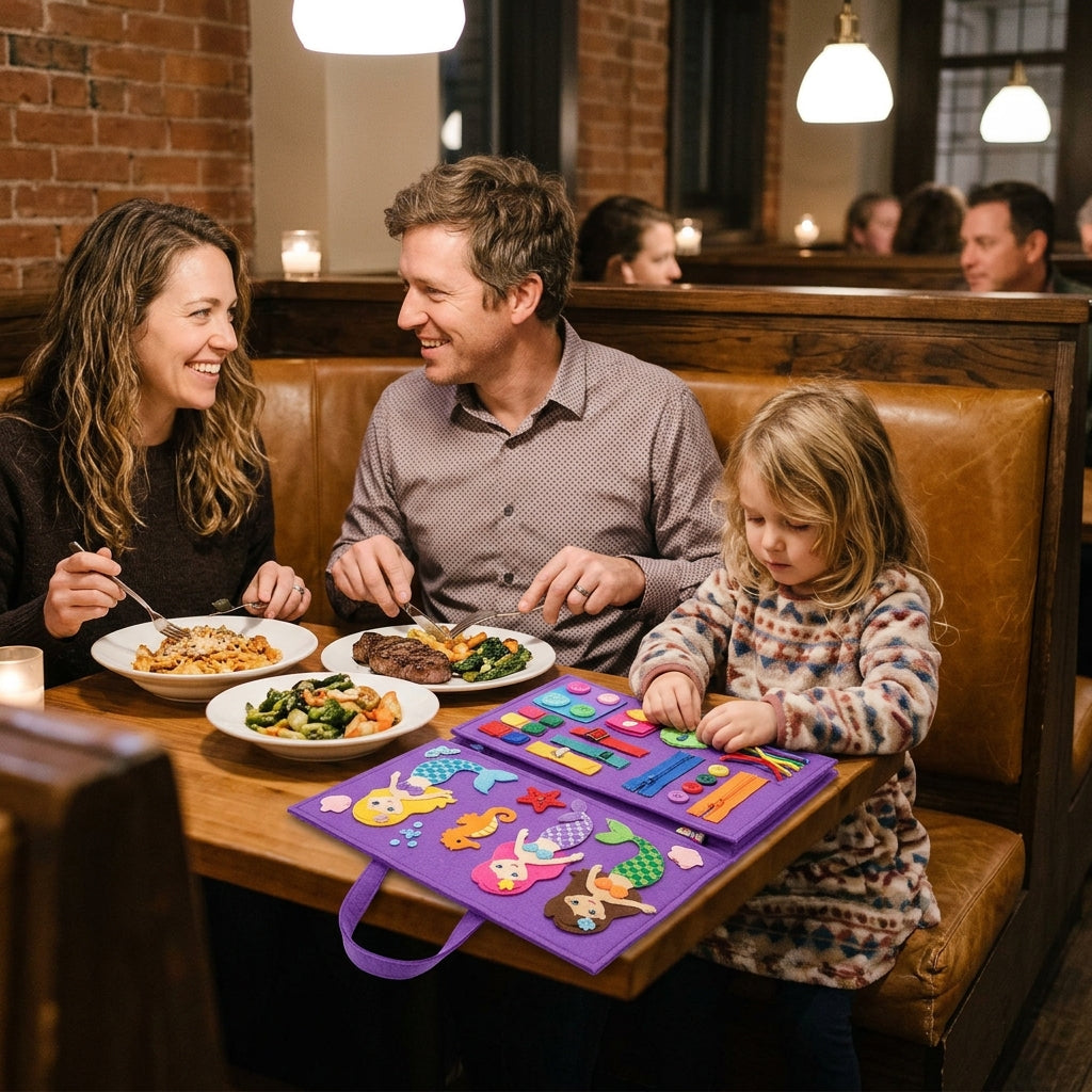 Parents enjoying dinner at a restaurant while their daughter plays quietly with the purple mermaid busy board