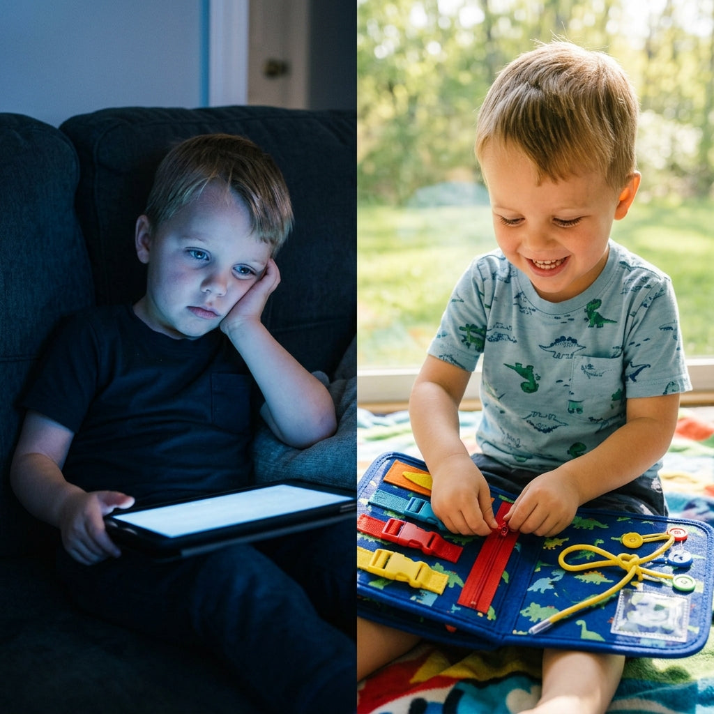 A bored child on a tablet next to the same child smiling while playing with the blue dinosaur busy board