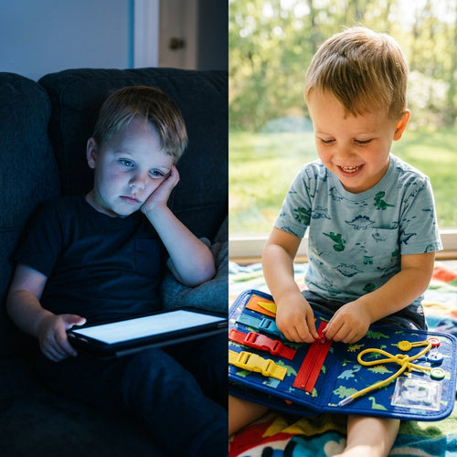 A bored child on a tablet next to the same child smiling while playing with the blue dinosaur busy board